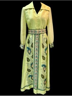 Alfred Shaheen - 70's Green Paisley Print Belted Maxi Dress - Size S